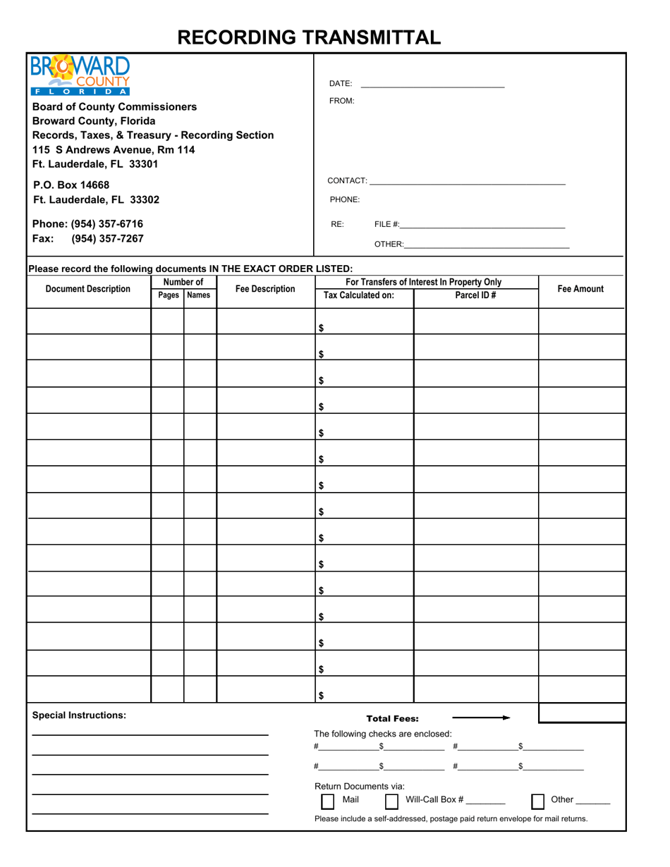 Broward County, Florida Recording Transmittal Fill Out, Sign Online