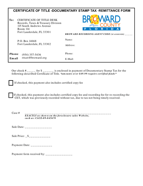 Certificate of Title Documentary Stamp Tax Remittance Form - Broward County, Florida Download Pdf
