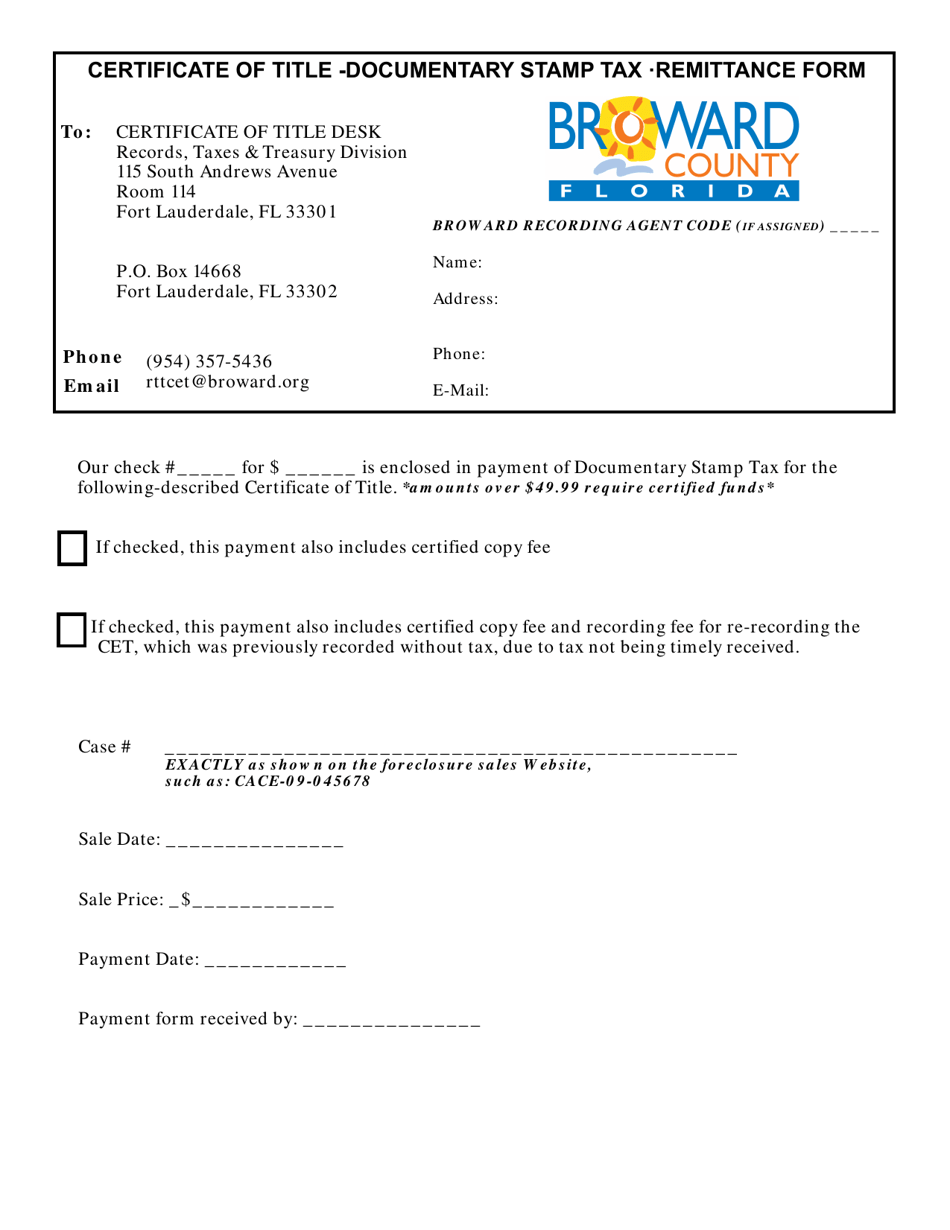 Certificate of Title Documentary Stamp Tax Remittance Form - Broward County, Florida, Page 1