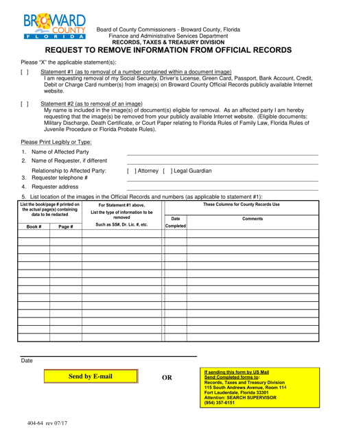 Form 404-64 Request to Remove Information From Official Records - Broward County, Florida