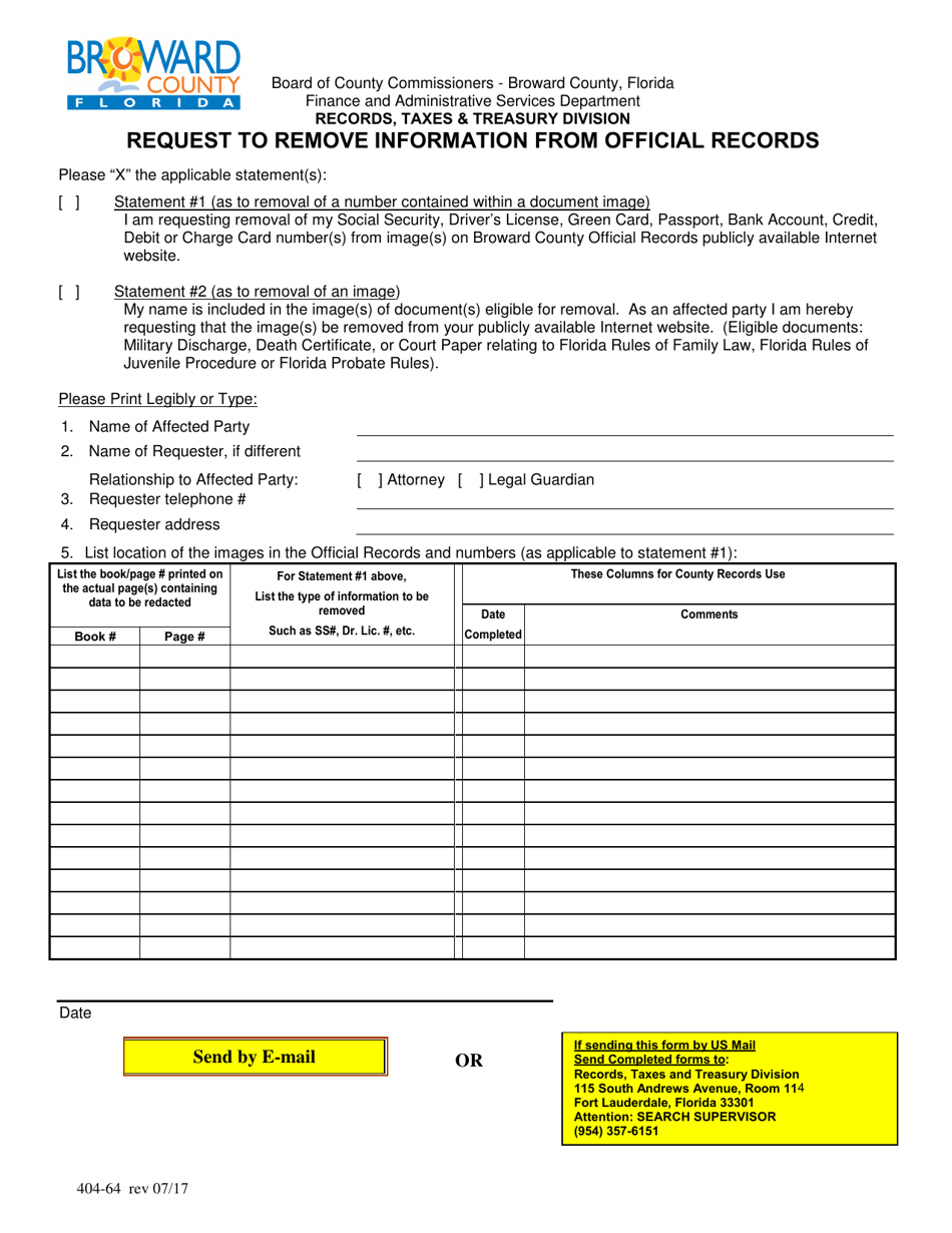 Form 404-64 Request to Remove Information From Official Records - Broward County, Florida, Page 1