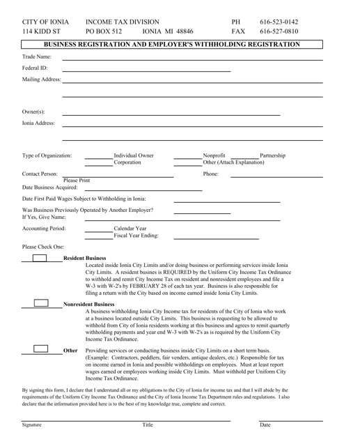 Business Registration and Employer's Withholding Registration - City of Ionia, Michigan Download Pdf