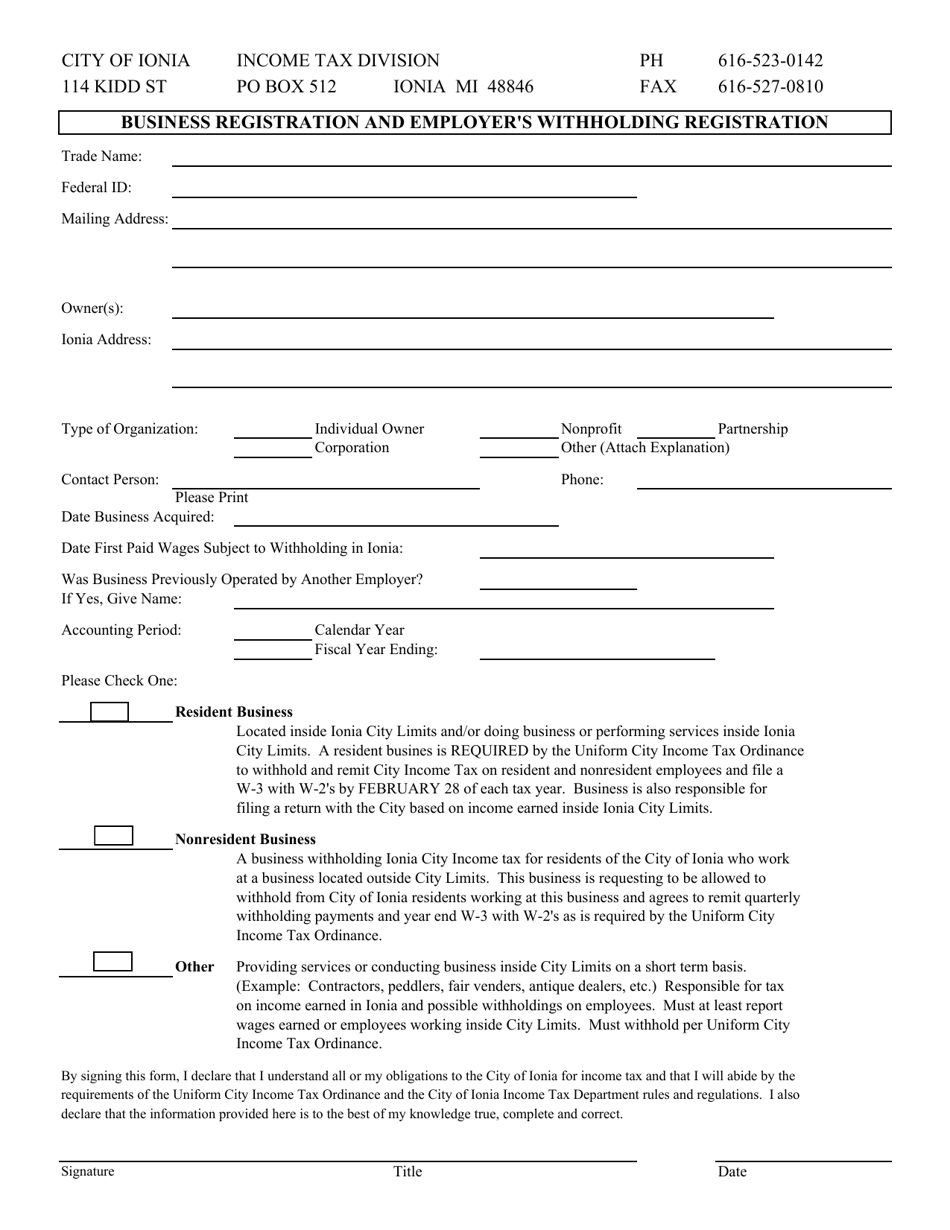 Business Registration and Employers Withholding Registration - City of Ionia, Michigan, Page 1