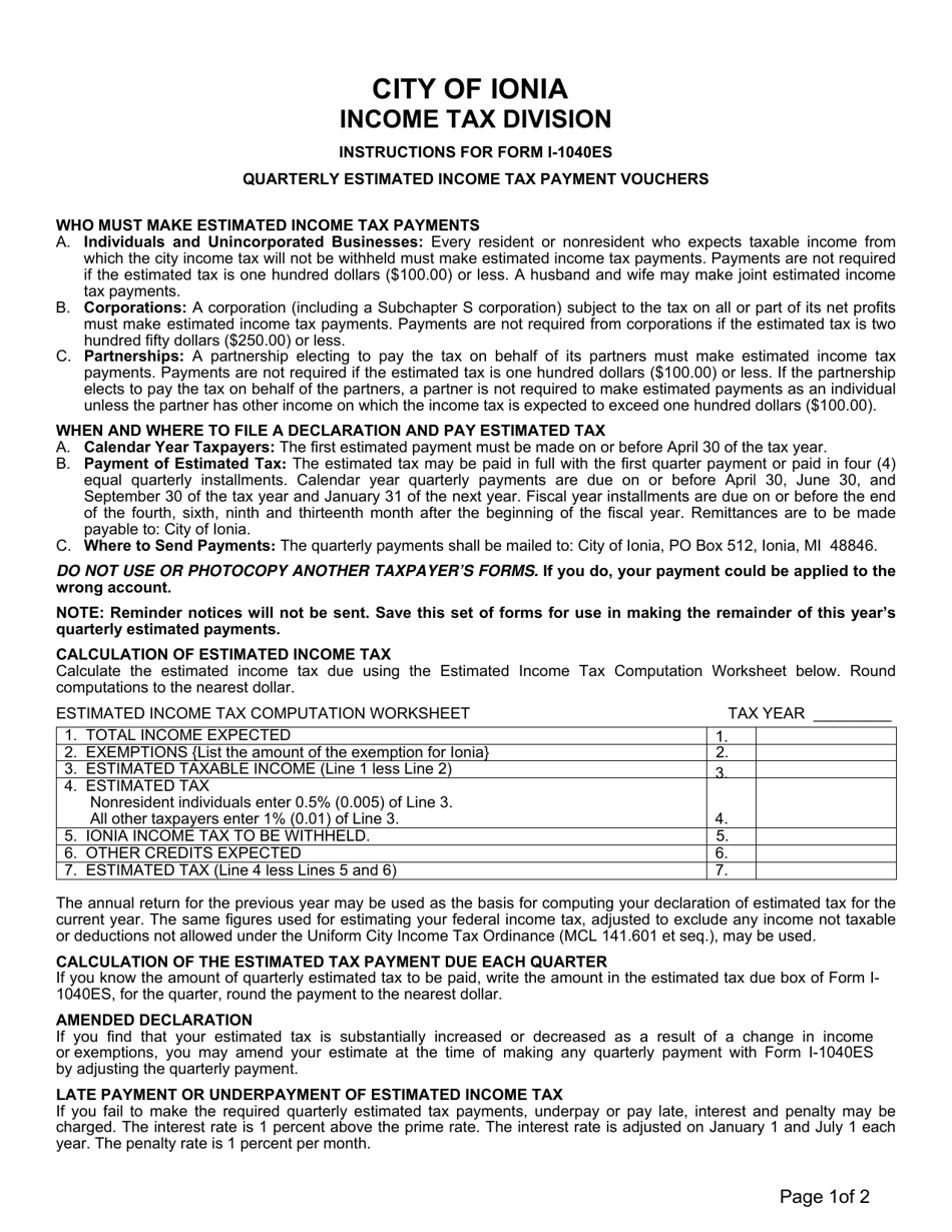 Instructions for Form I-1040ES Estimated Income Tax Payment Voucher - City of Ionia, Michigan, Page 1