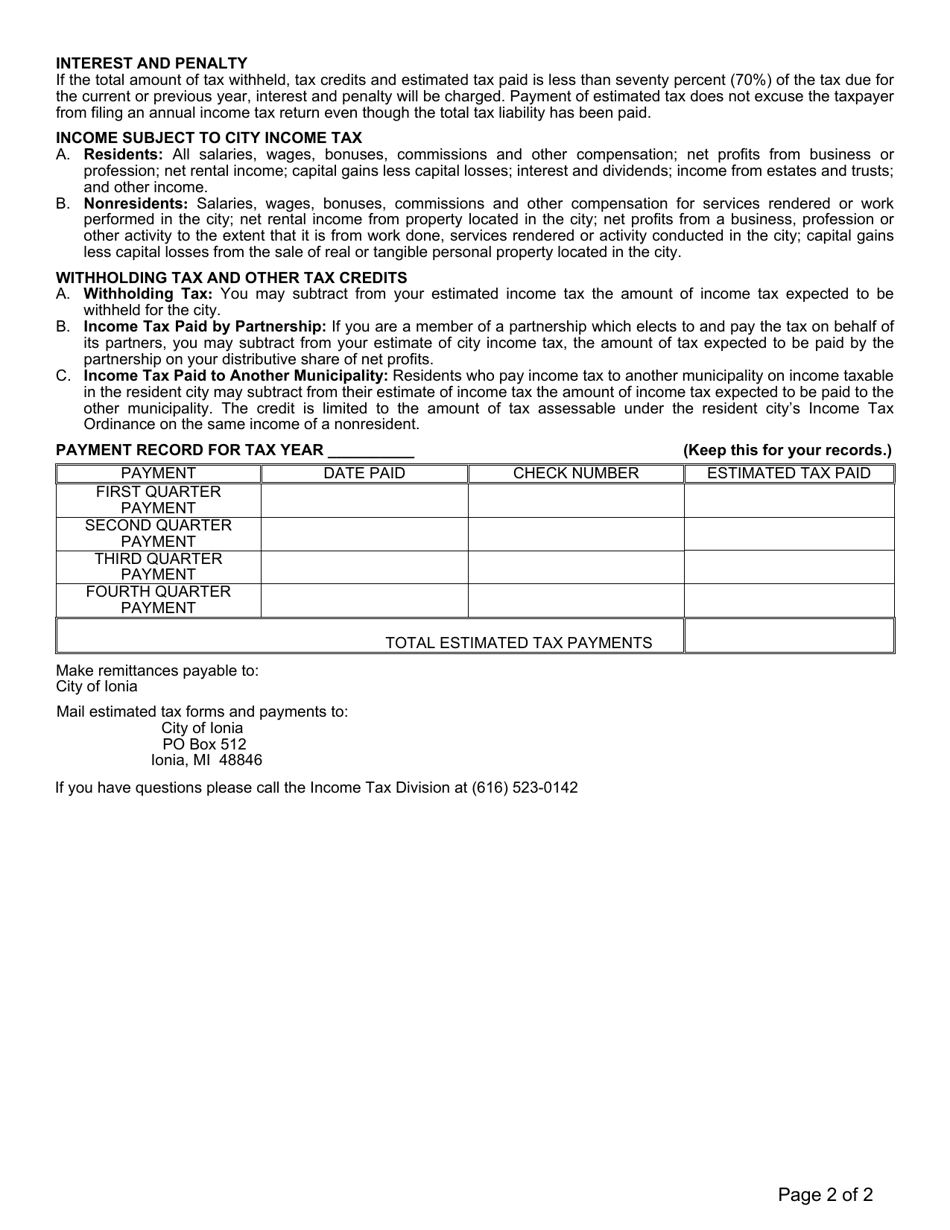 Instructions for Form I-1040ES Estimated Income Tax Payment Voucher - City of Ionia, Michigan, Page 2