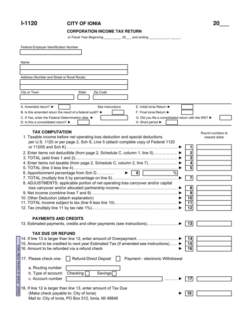 Form I-1120 Corporation Income Tax Return - City of Ionia, Michigan