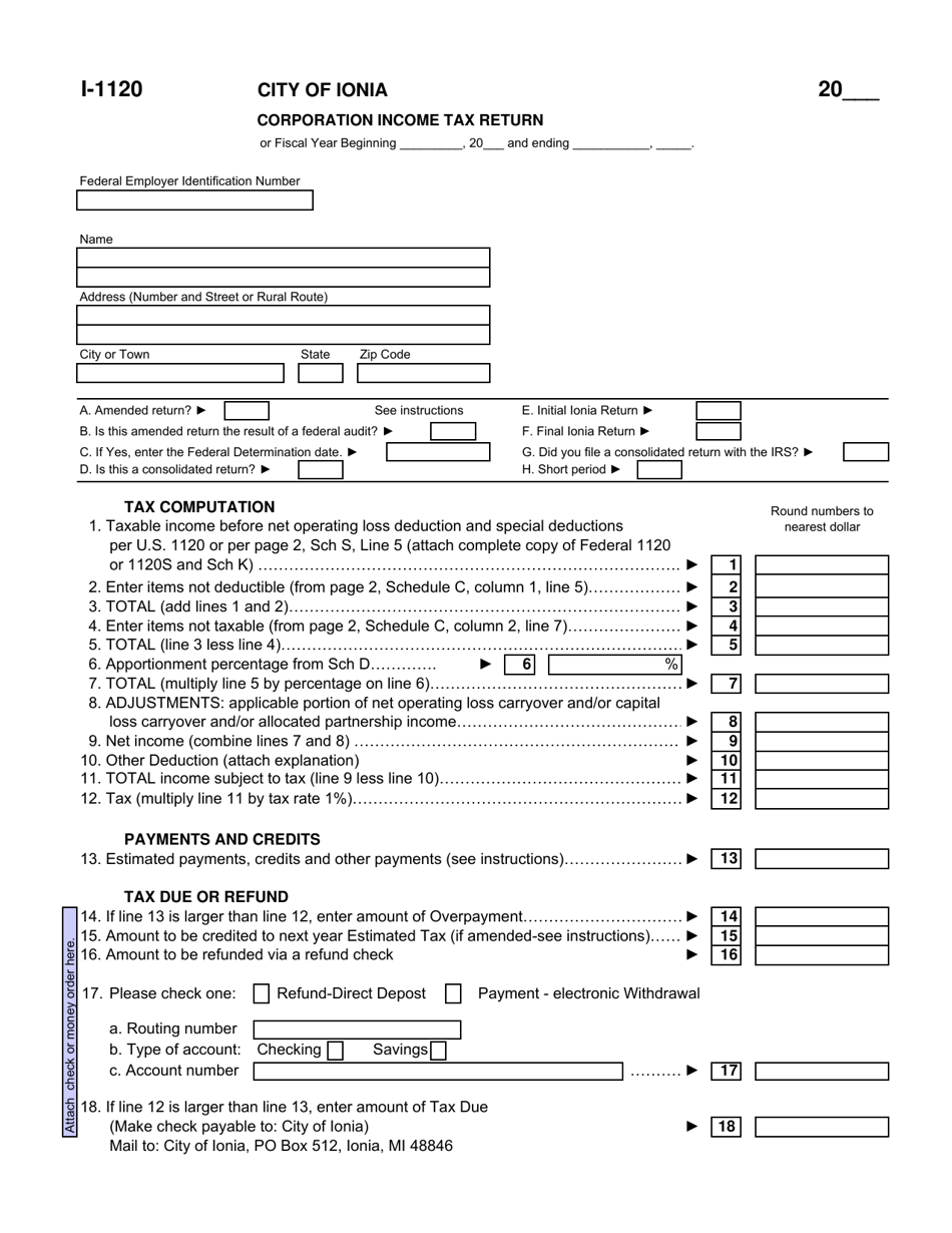 Form I-1120 Corporation Income Tax Return - City of Ionia, Michigan, Page 1
