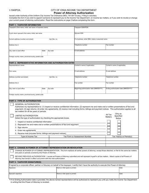 Form I-1040POA Power of Attorney Authorization - City of Ionia, Michigan