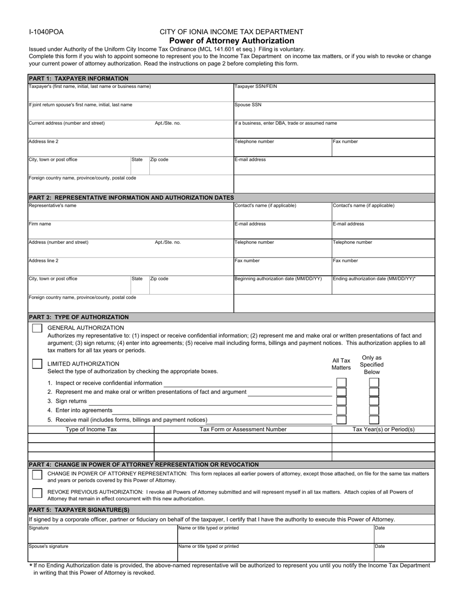 Form I-1040POA Power of Attorney Authorization - City of Ionia, Michigan, Page 1