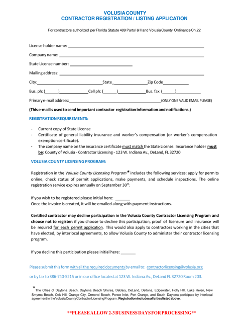 Contractor Registration / Listing Application - Volusia County, Florida Download Pdf