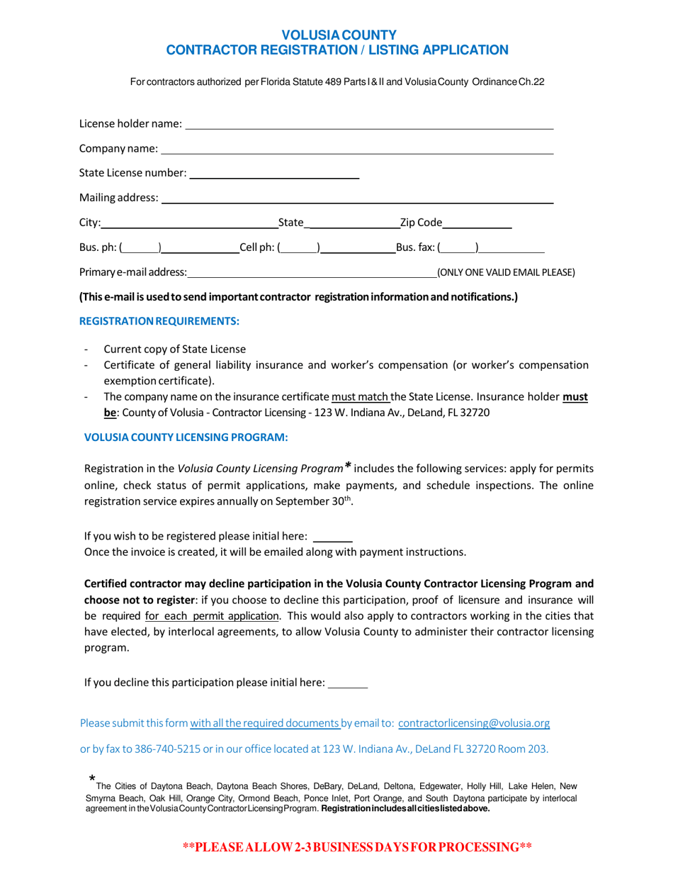 Contractor Registration / Listing Application - Volusia County, Florida, Page 1