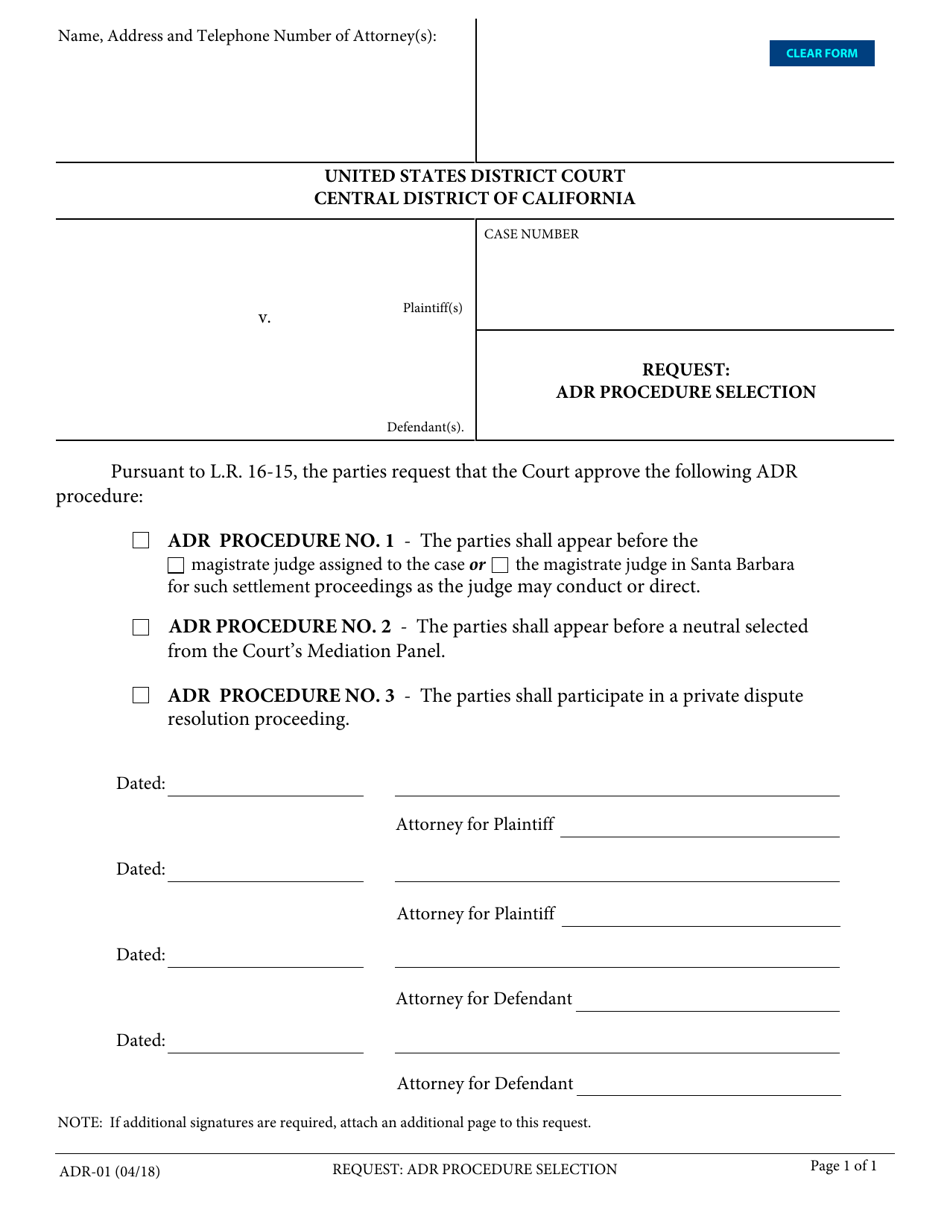 Form ADR-01 Request: Adr Procedure Selection - California, Page 1