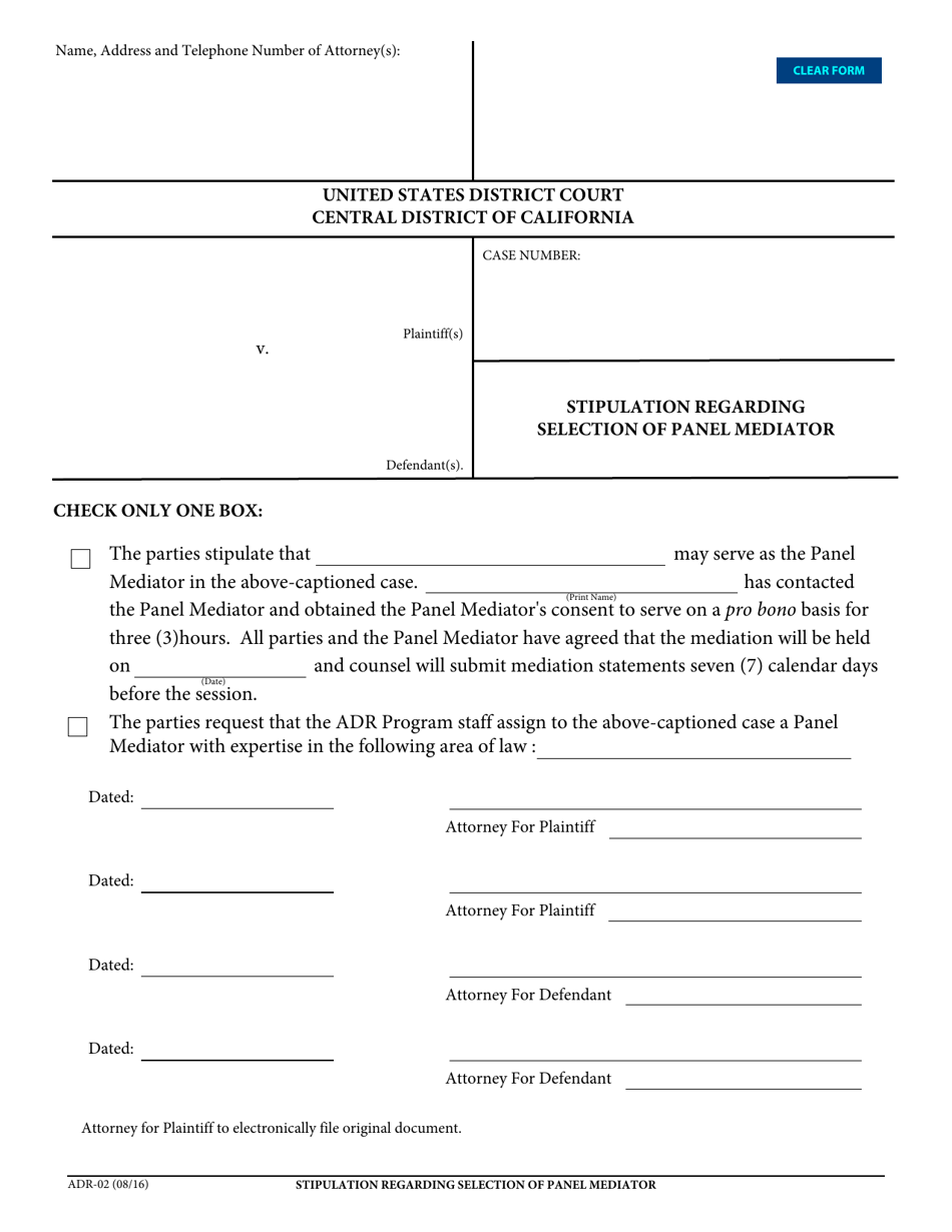 Form ADR-02 Stipulation Regarding Selection of Panel Mediator - California, Page 1