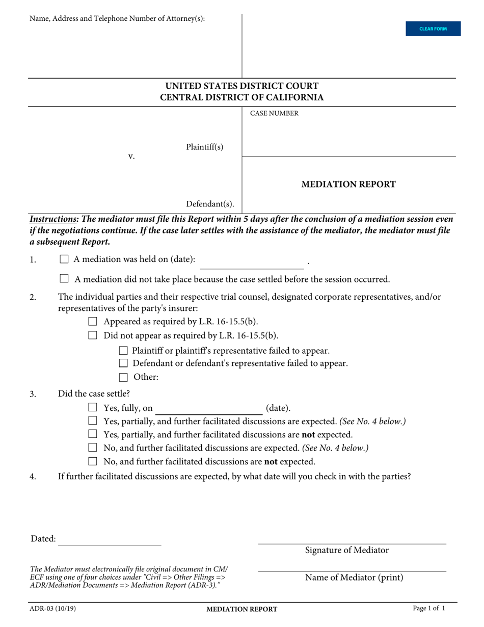Form ADR-03 Mediation Report - California, Page 1