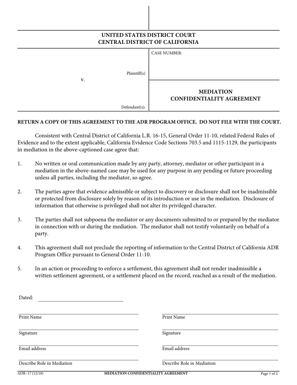 Form ADR-17 Mediation Confidentiality Agreement - California, Page 1