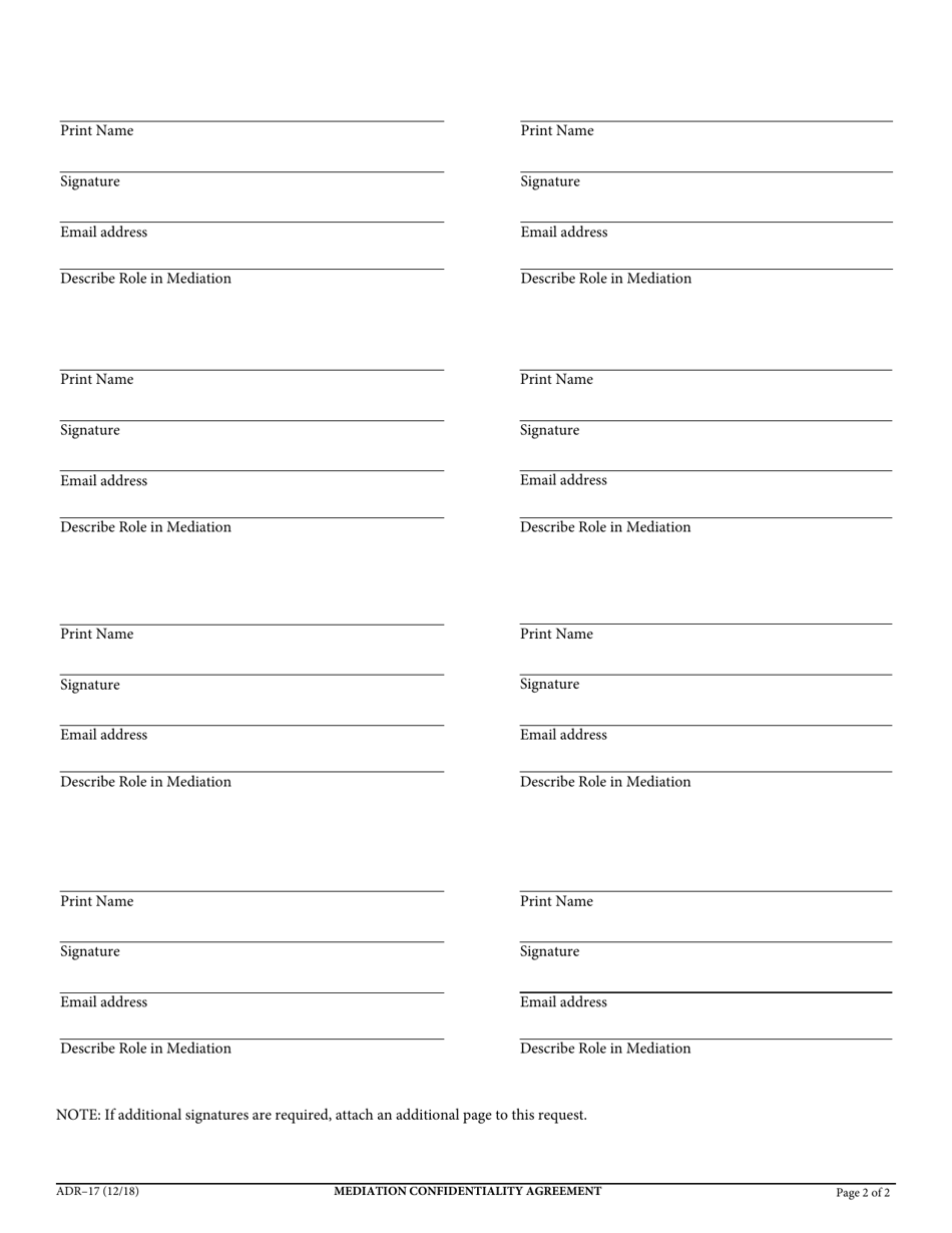 Form ADR-17 Mediation Confidentiality Agreement - California, Page 2