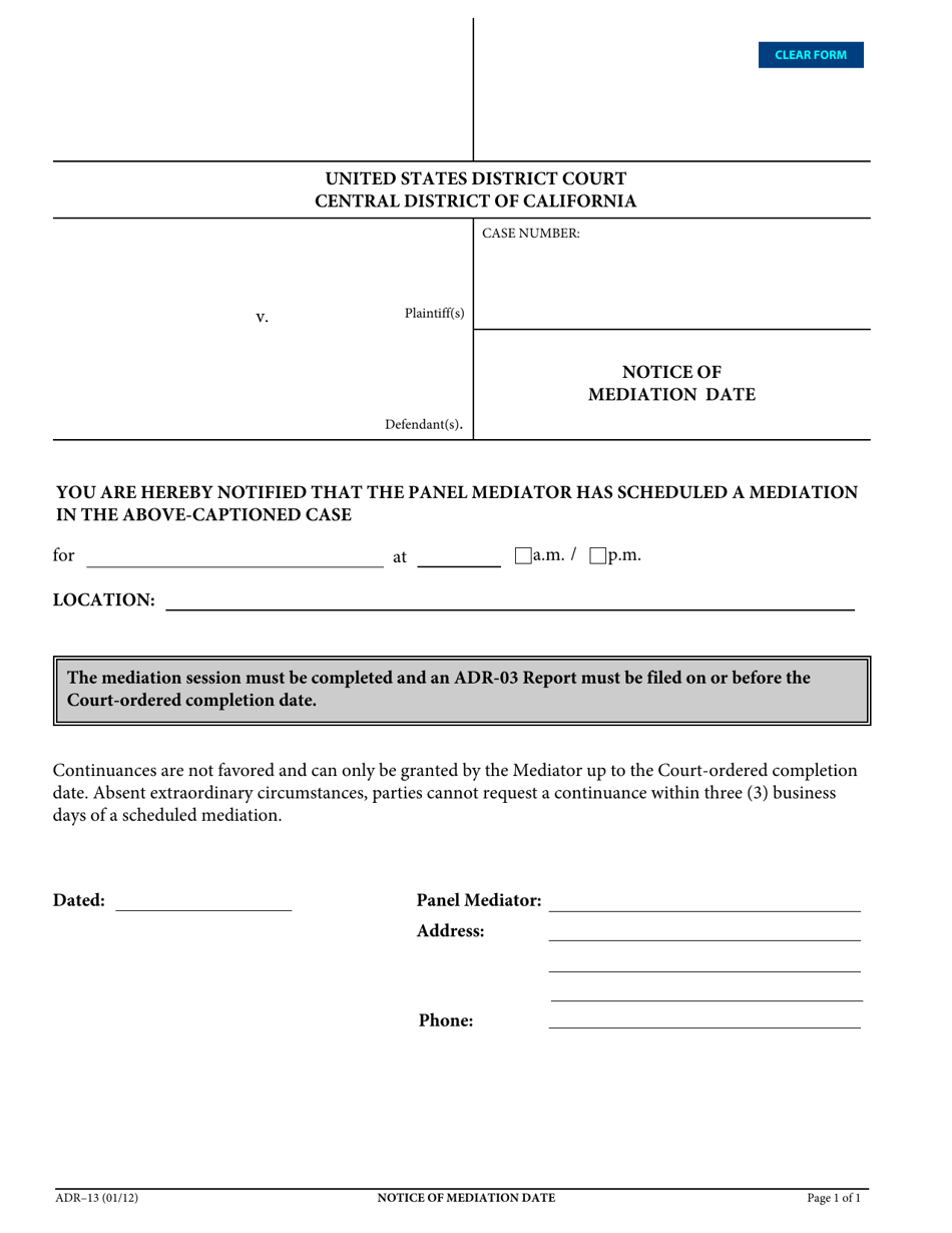 Form ADR-13 Notice of Mediation Date - California, Page 1