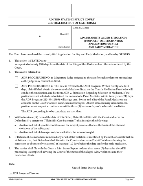 Form ADR-22 Ada Disability Access Litigation: Order Granting Application for Stay and Early Mediation - California