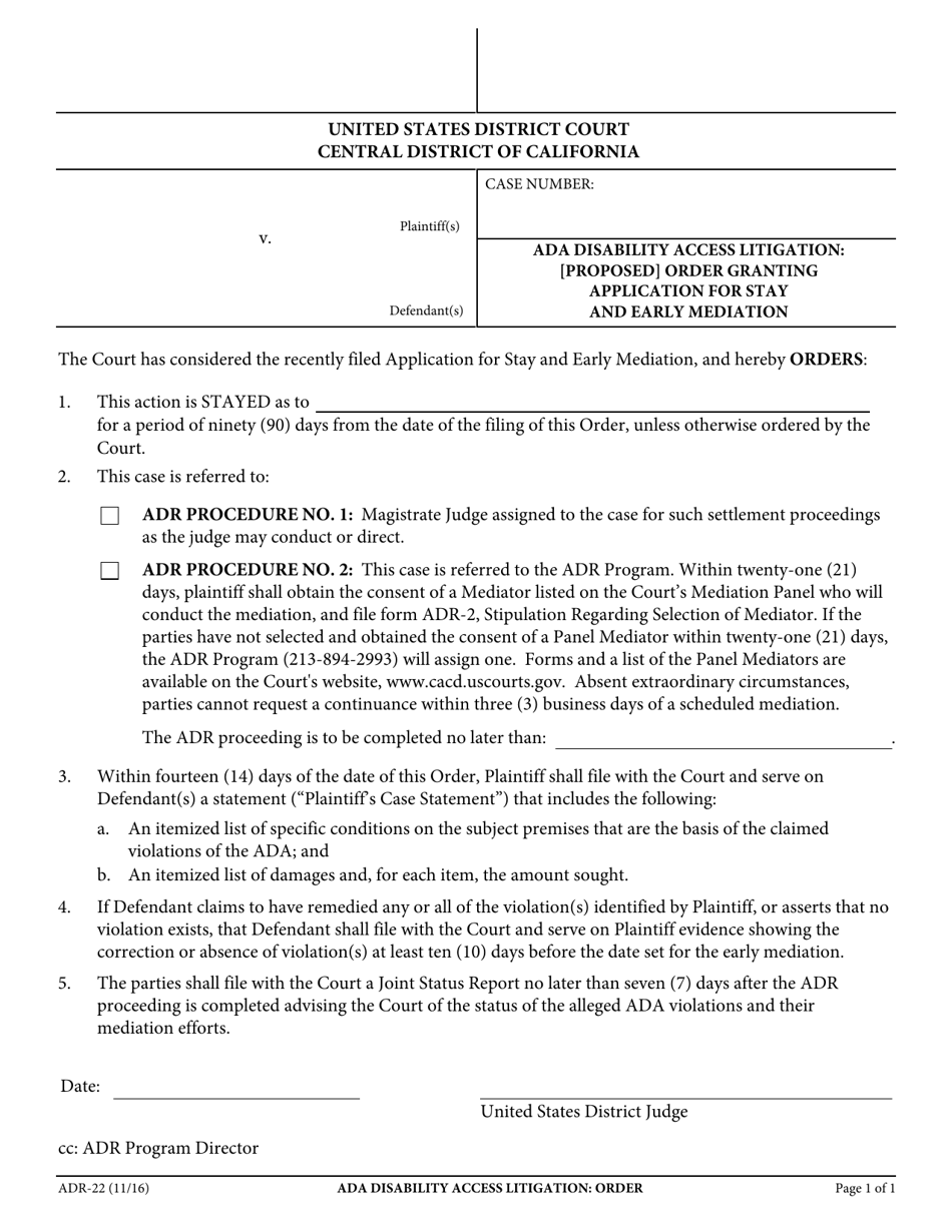 Form ADR-22 Ada Disability Access Litigation: Order Granting Application for Stay and Early Mediation - California, Page 1