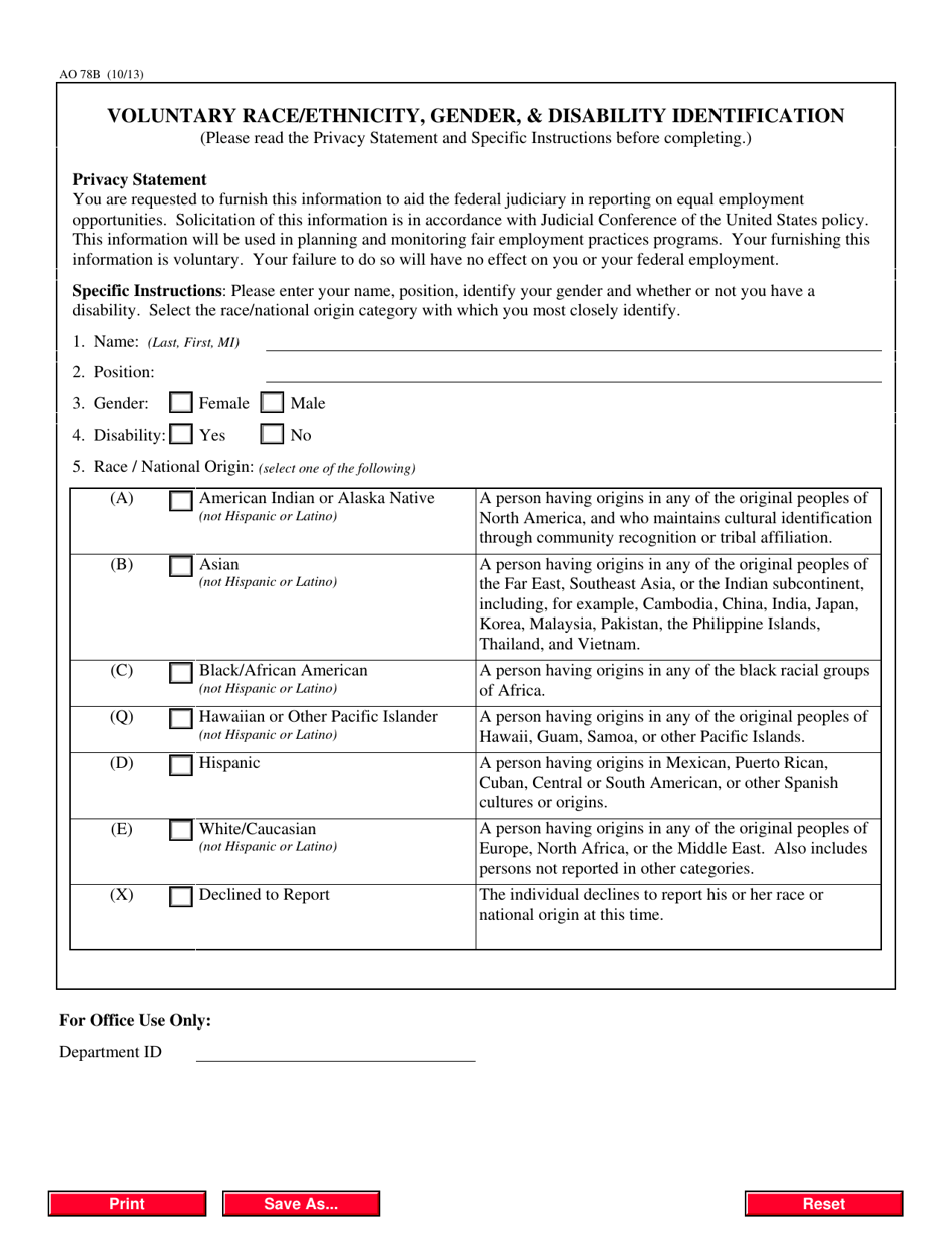 Form AO078B Voluntary Race / Ethnicity, Gender,  Disability Identification - California, Page 1