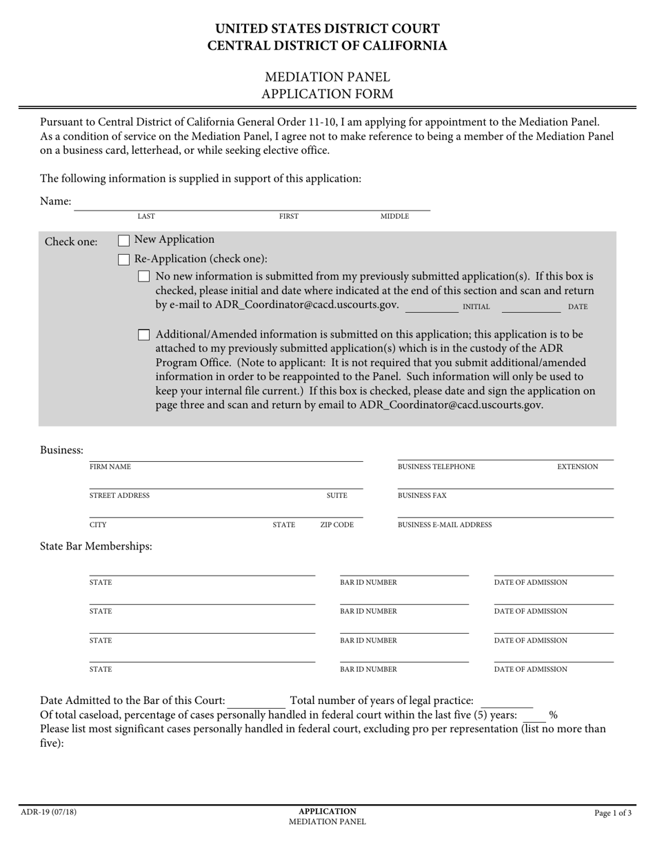 Form ADR-19 Mediation Panel Application Form - California, Page 1