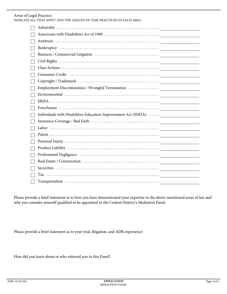 Form ADR-19 Mediation Panel Application Form - California, Page 2