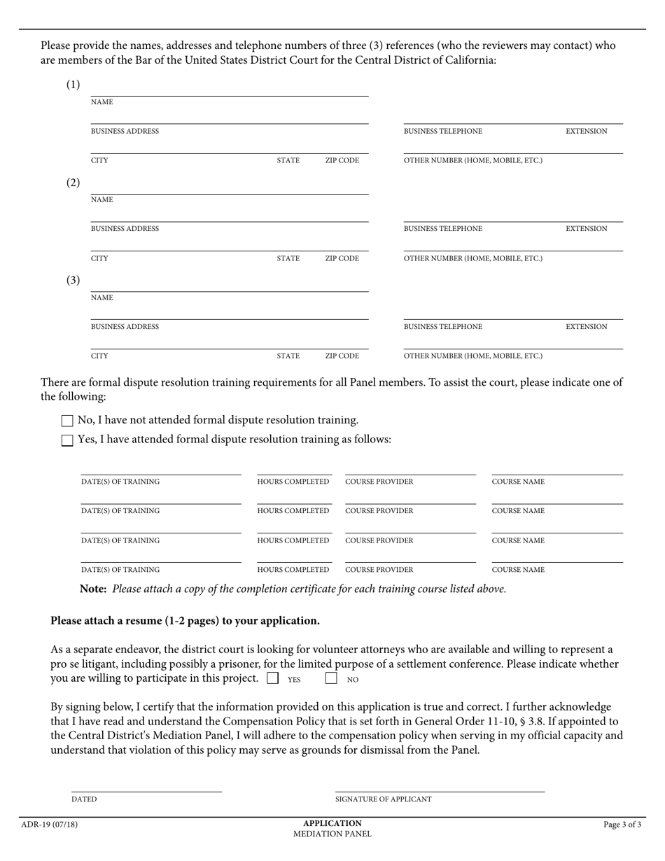 Form ADR-19 Mediation Panel Application Form - California, Page 3