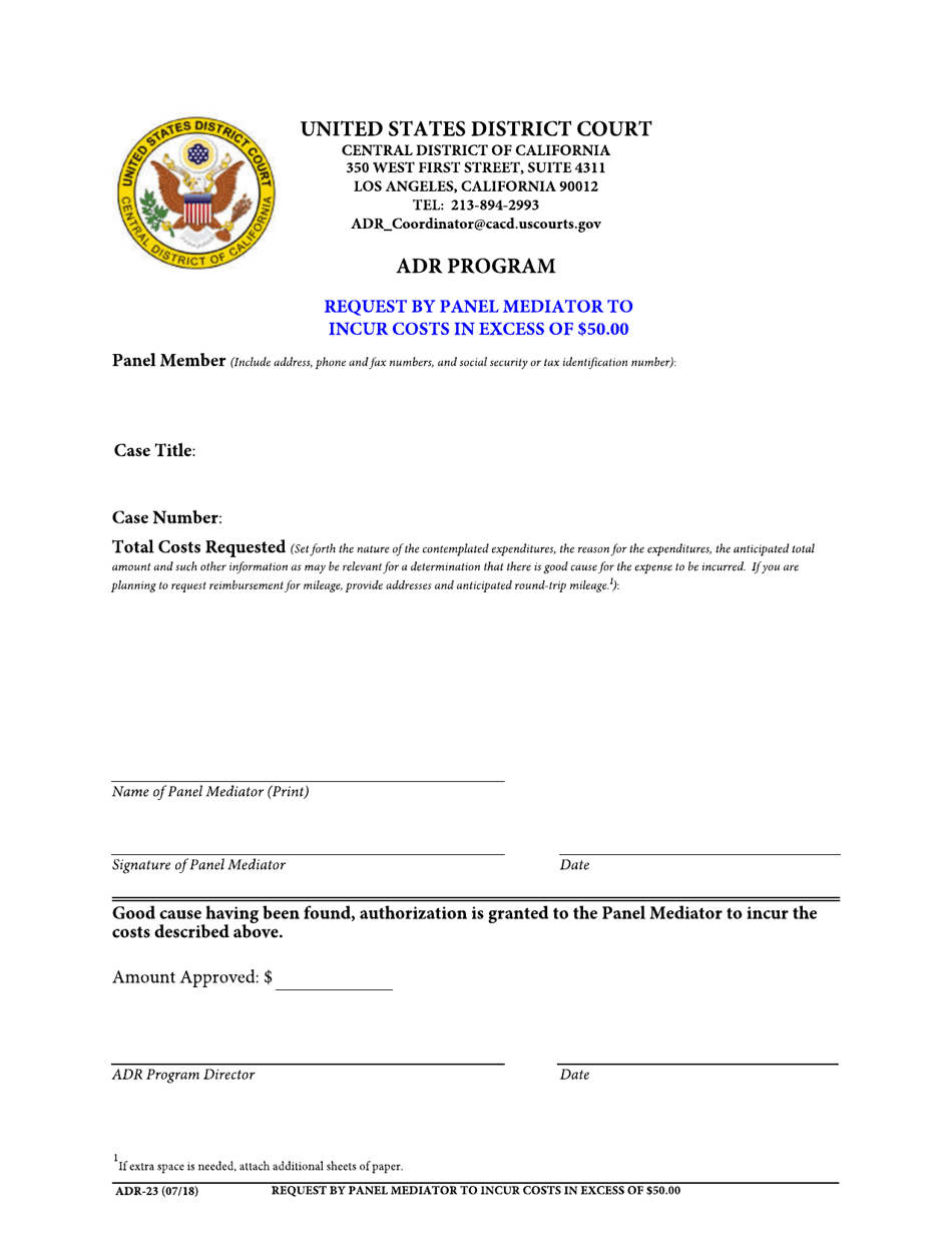 Form ADR-23 Request by Panel Mediator to Incur Costs in Excess of $50.00 - California, Page 1