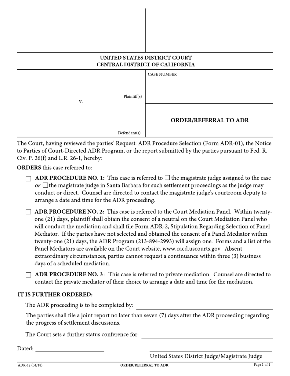 Form ADR-12 Order / Referral to Adr - California, Page 1
