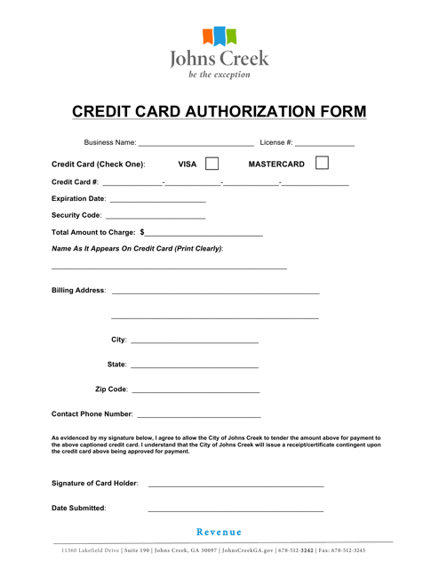 Credit Card Authorization Form - City of Johns Creek, Georgia (United States) Download Pdf
