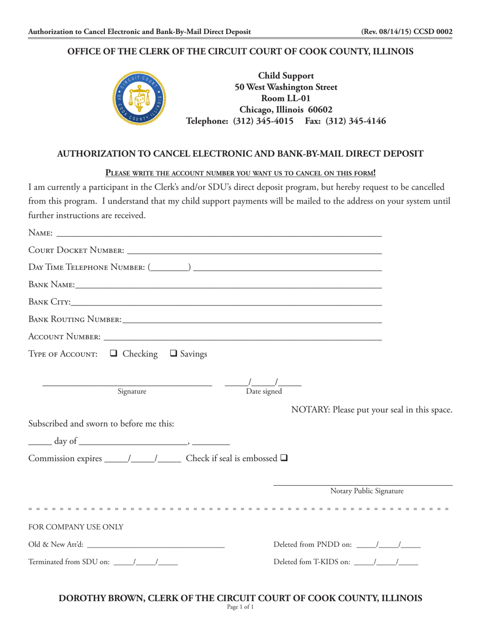 Form CCSD0002 Authorization to Cancel Electronic and Bank-By-Mail Direct Deposit - Cook County, Illinois, Page 1