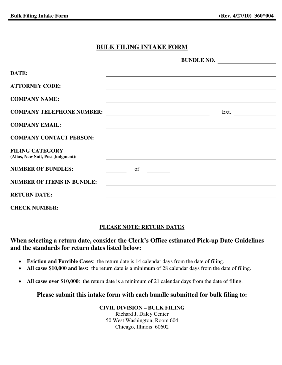 Form 360.004 Bulk Filing Intake Form - Cook County, Illinois, Page 1