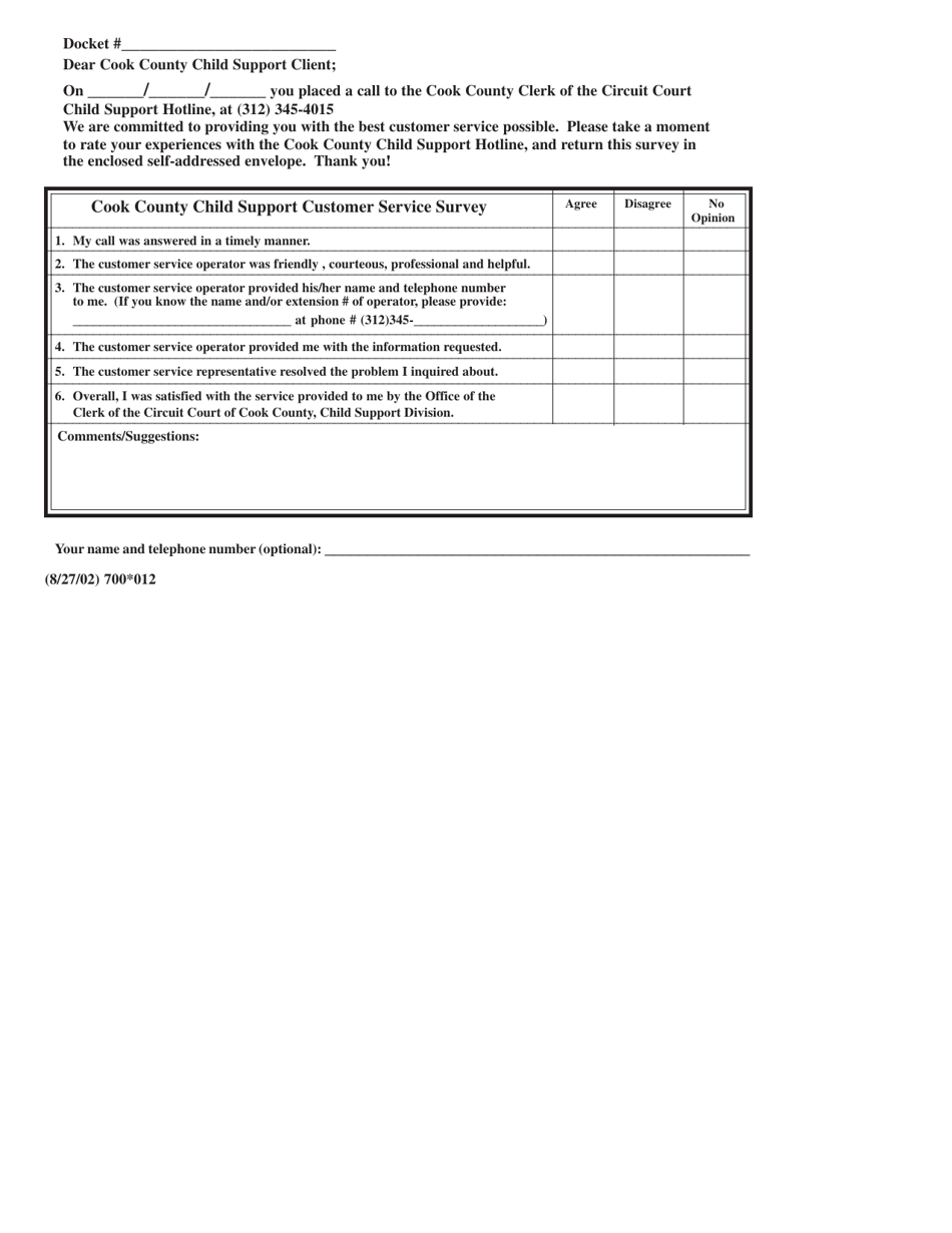 Form 700-012 Cook County Child Support Customer Service Survey - Cook County, Illinois, Page 1