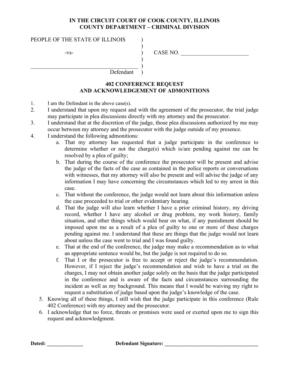 402 Conference Request and Acknowledgement of Admonitions - Cook County, Illinois, Page 1