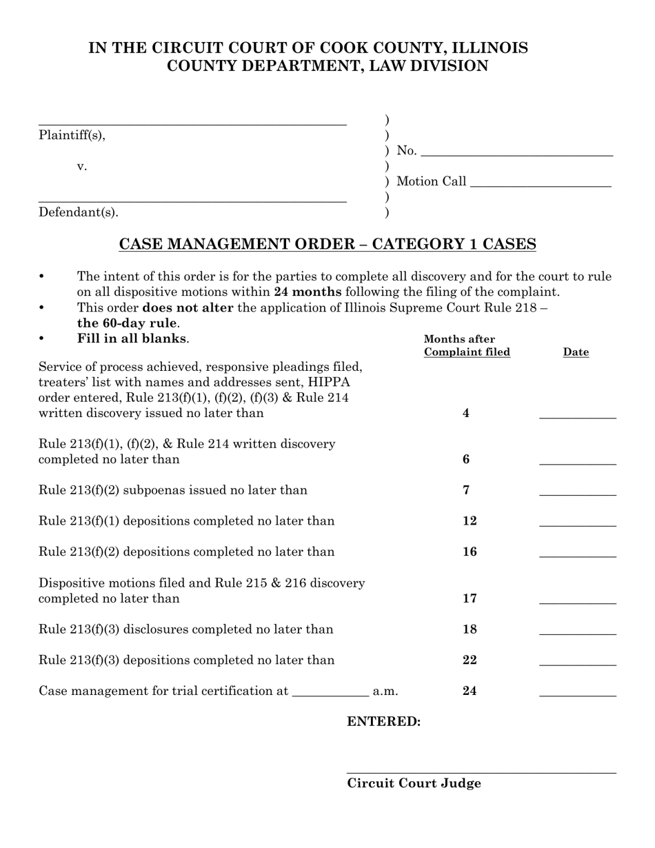 Form CCL0055 Case Management Order - Category 1 Cases - Cook County, Illinois, Page 1