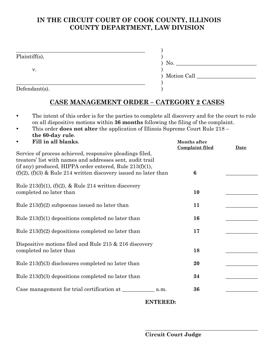 Form CCL0060 Case Management Order - Category 2 Cases - Cook County, Illinois, Page 1