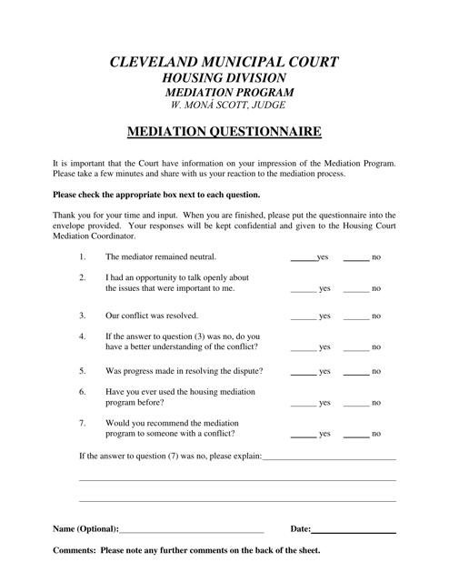 Mediation Questionnaire - Cuyahoga County, Ohio Download Pdf