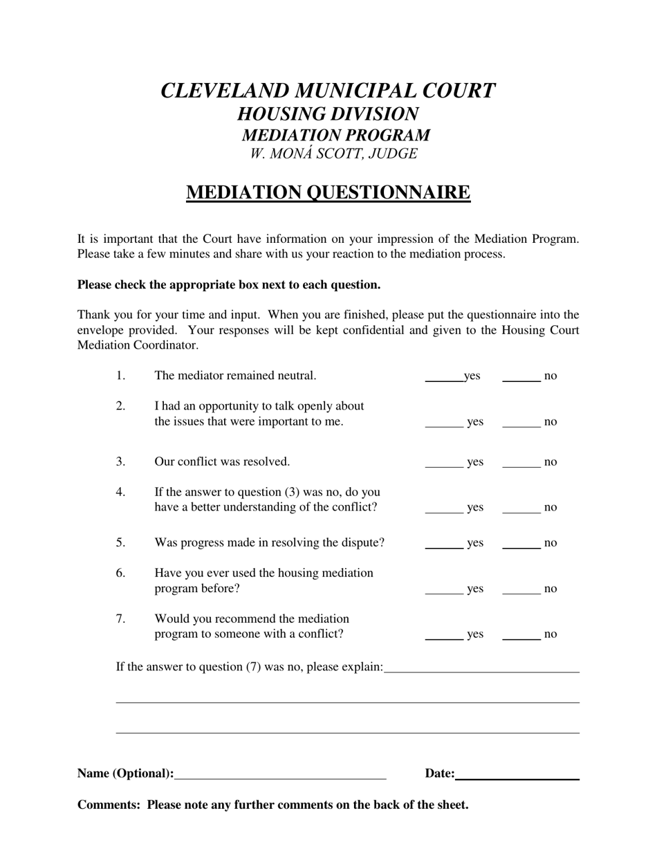 Mediation Questionnaire - Cuyahoga County, Ohio, Page 1