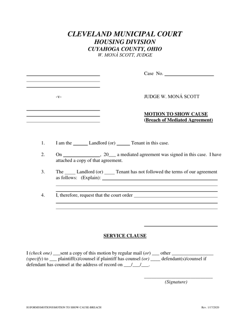 Motion to Show Cause (Breach of Mediated Agreement) - Cuyahoga County, Ohio Download Pdf