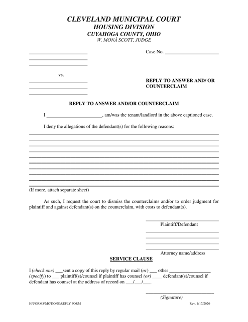 Reply to Answer and / or Counterclaim - Cuyahoga County, Ohio Download Pdf