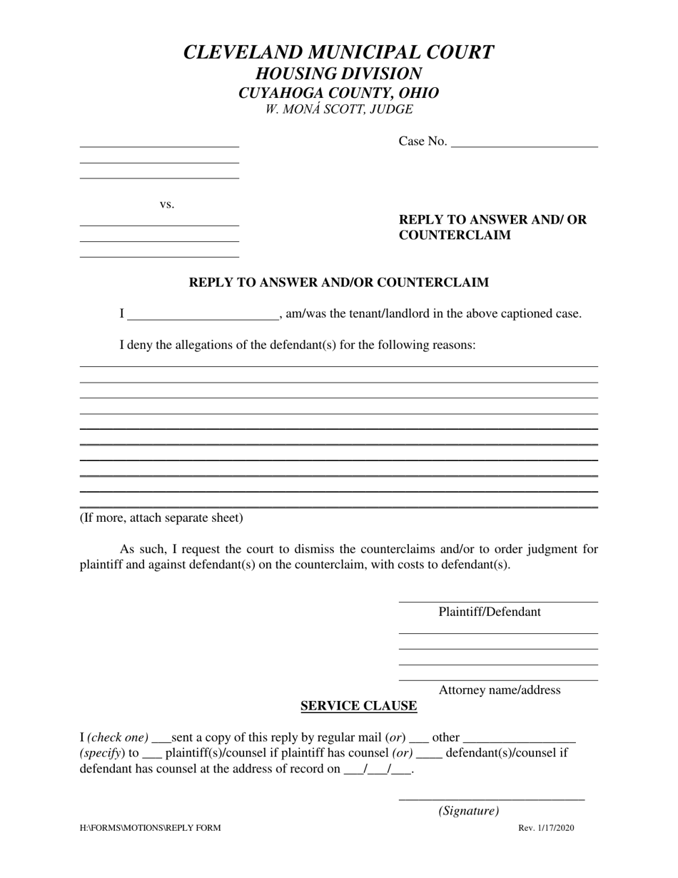 Cuyahoga County Ohio Reply To Answer Andor Counterclaim Fill Out Sign Online And Download 6622