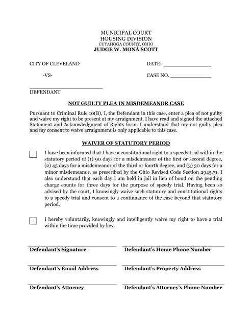 Not Guilty Plea in Misdemeanor Case - Cuyahoga County, Ohio Download Pdf