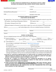 Document preview: Form J-05 (E9696) Waiver of Service of Summons and Notice of Hearing - Franklin County, Ohio