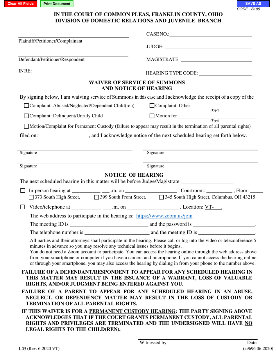 Form J-05 (E9696) Waiver of Service of Summons and Notice of Hearing - Franklin County, Ohio, Page 1