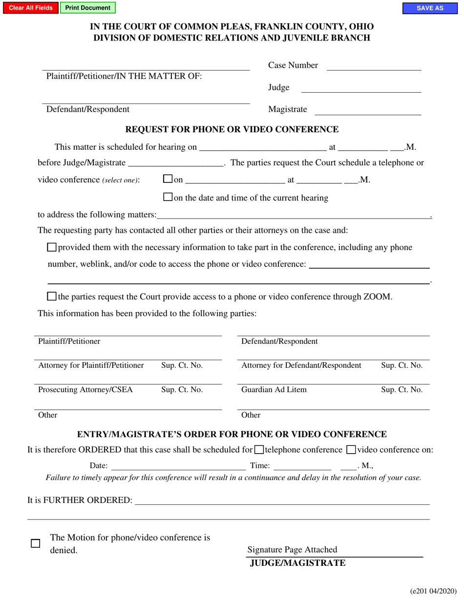 Form E201 Request for Phone or Video Conference - Franklin County, Ohio, Page 1