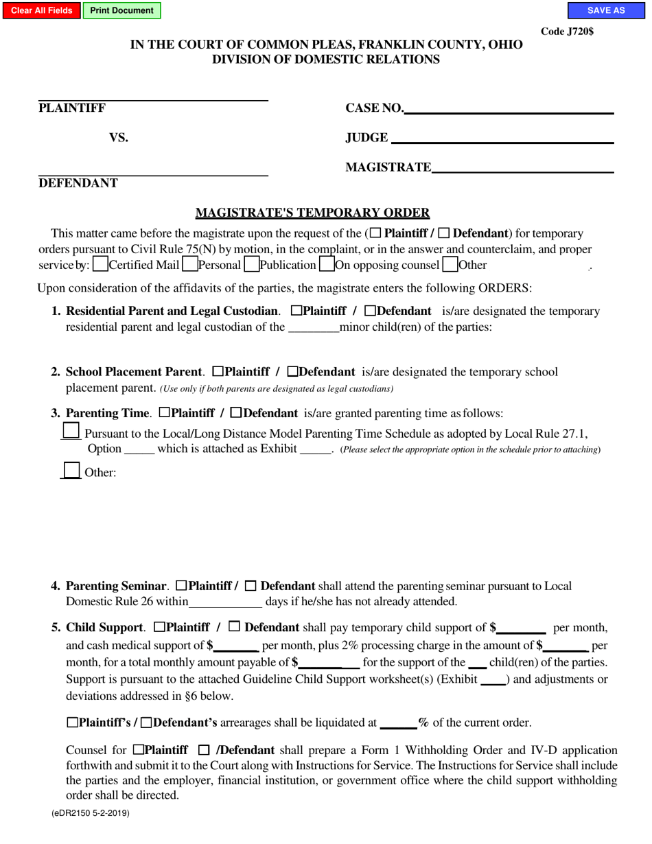 Form eDR2150 Magistrates Temporary Order - Franklin County, Ohio, Page 1
