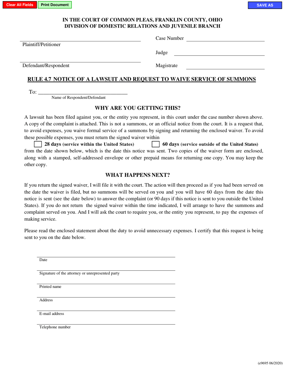 Form E9695 Rule 4.7 Notice of a Lawsuit and Request to Waive Service of Summons - Franklin County, Ohio, Page 1