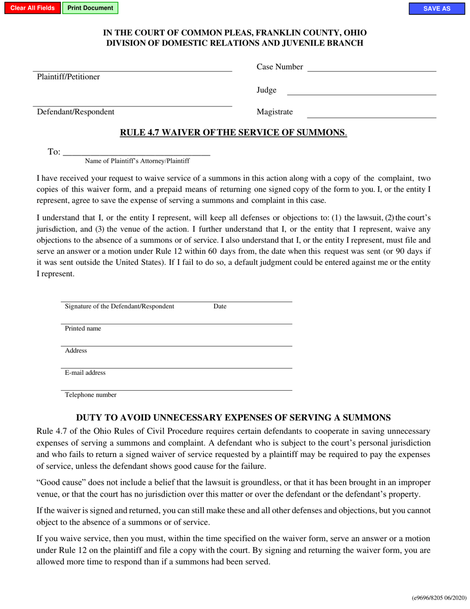 Form E9696 / 8205 Rule 4.7 Waiver Ofthe Service of Summons - Franklin County, Ohio, Page 1