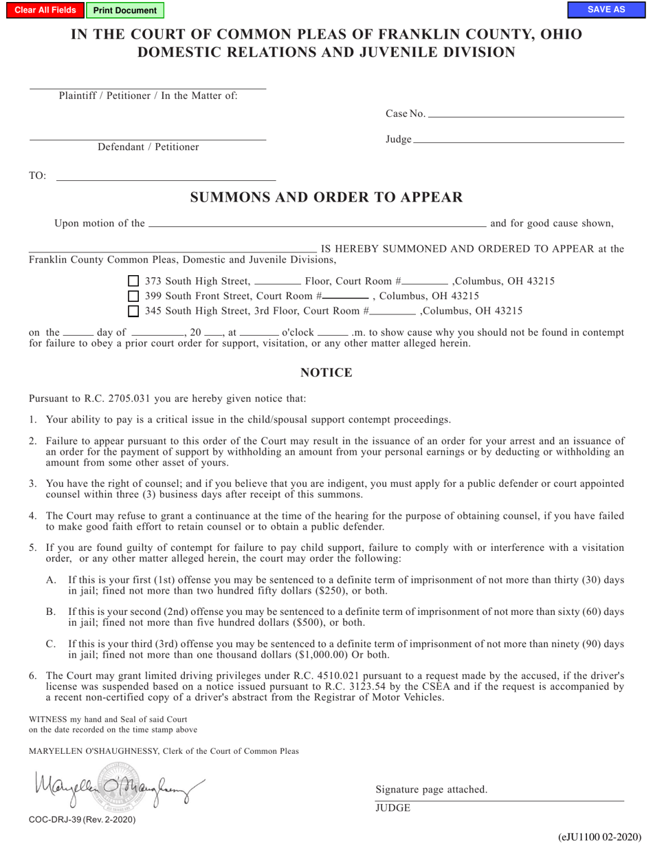 Form eJU1100 (COC-DRJ-39) Summons and Order to Appear - Franklin County, Ohio, Page 1
