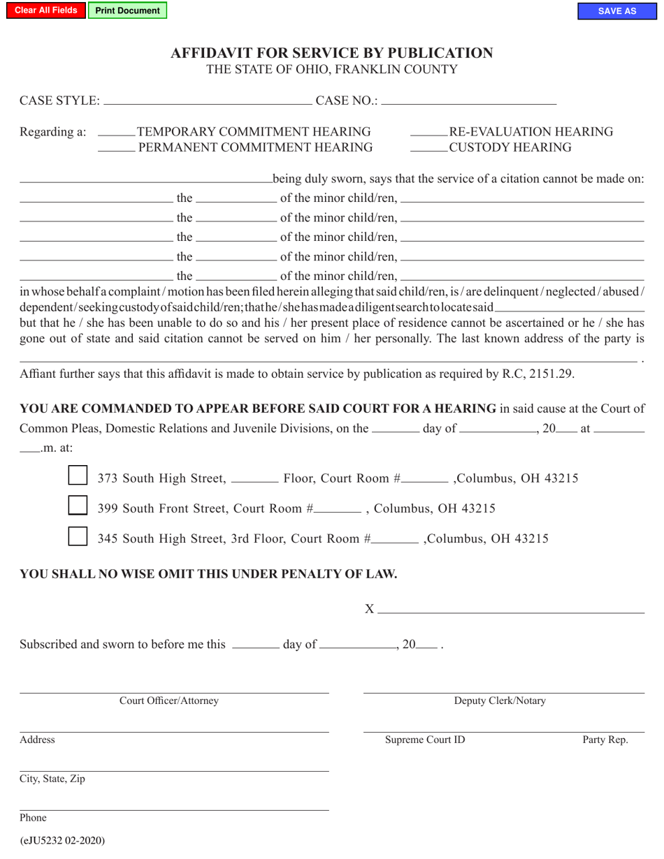 Form eJU5232 Affidavit for Service by Publication - Franklin County, Ohio, Page 1
